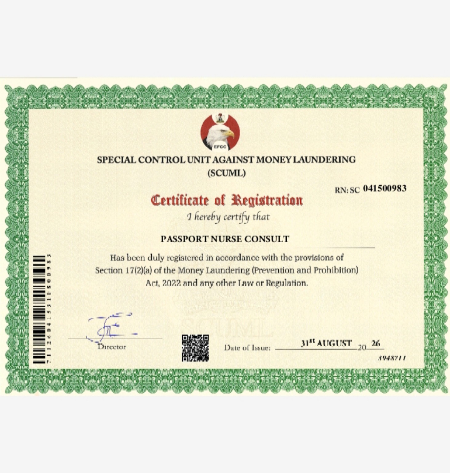 SCUML Certificate of Registration issued to Passport Nurse Consult